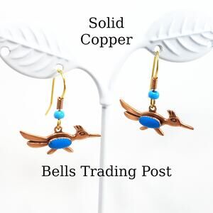Vintage Roadrunner Solid Copper Earrings, Bells Trading Post, 1970s